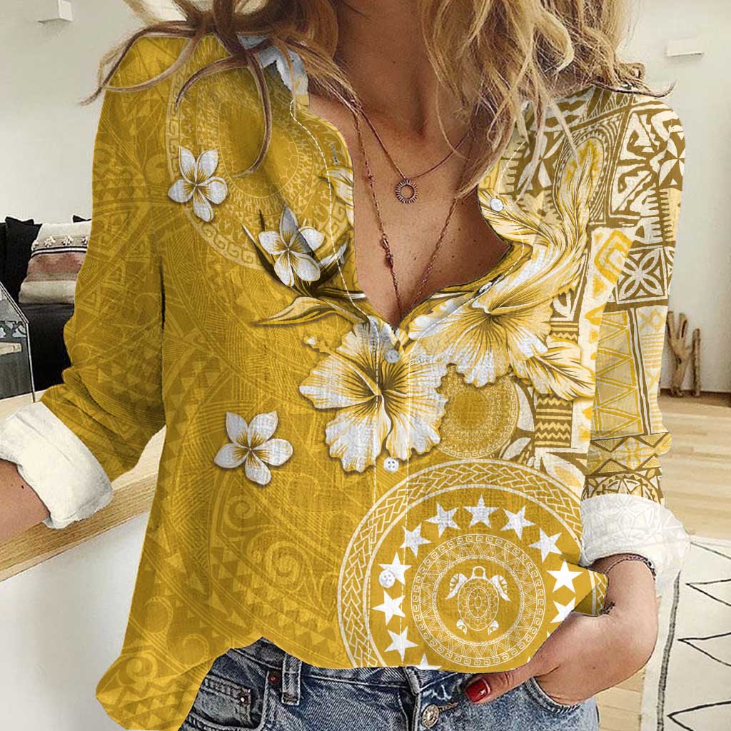 Cook Islands Women Casual Shirt Yellow Hibiscus And Stars