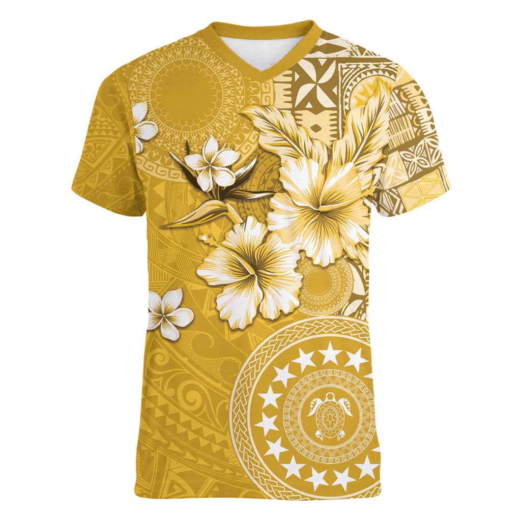 Cook Islands Women V-Neck T-Shirt Yellow Hibiscus And Stars LT05 Female Yellow - Polynesian Pride