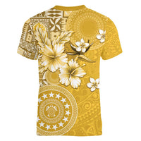 Cook Islands Women V-Neck T-Shirt Yellow Hibiscus And Stars LT05 - Polynesian Pride