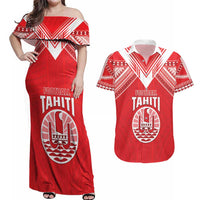 Custom Tahiti Football Couples Matching Off Shoulder Maxi Dress and Hawaiian Shirt Coat Of Arms Polynesian Tribal Pattern