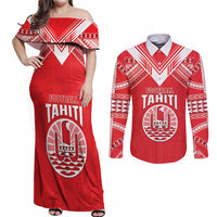 Custom Tahiti Football Couples Matching Off Shoulder Maxi Dress and Long Sleeve Button Shirt Coat Of Arms Polynesian Tribal Pattern
