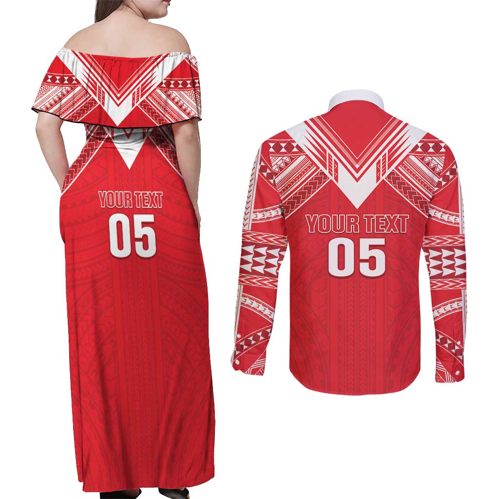 Custom Tahiti Football Couples Matching Off Shoulder Maxi Dress and Long Sleeve Button Shirt Coat Of Arms Polynesian Tribal Pattern