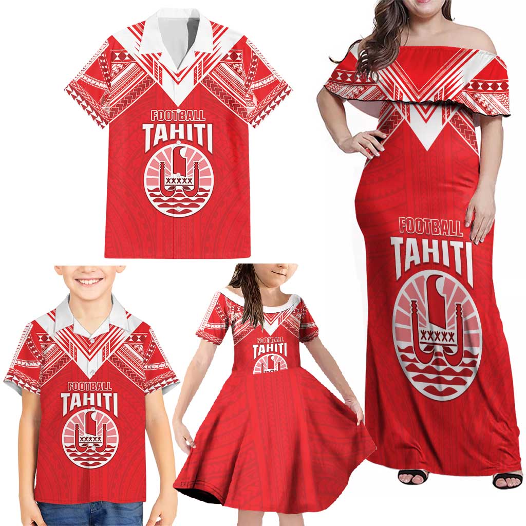 Custom Tahiti Football Family Matching Off Shoulder Maxi Dress and Hawaiian Shirt Coat Of Arms Polynesian Tribal Pattern