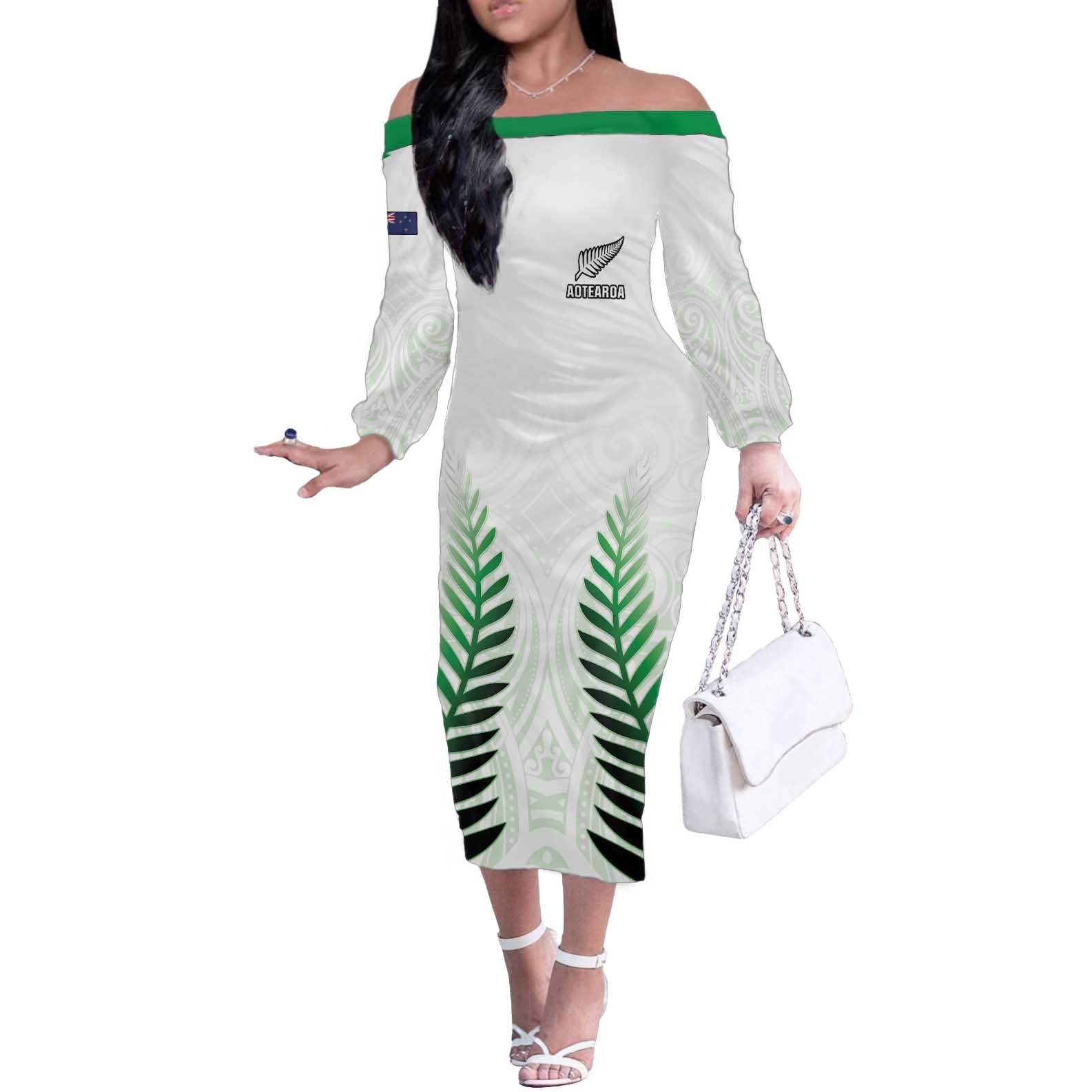 Custom New Zealand Fern Football Off The Shoulder Long Sleeve Dress Simple Style
