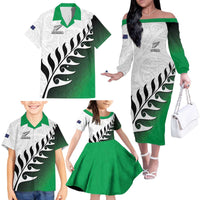 Custom New Zealand Football Family Matching Off The Shoulder Long Sleeve Dress and Hawaiian Shirt Go Aotearoa
