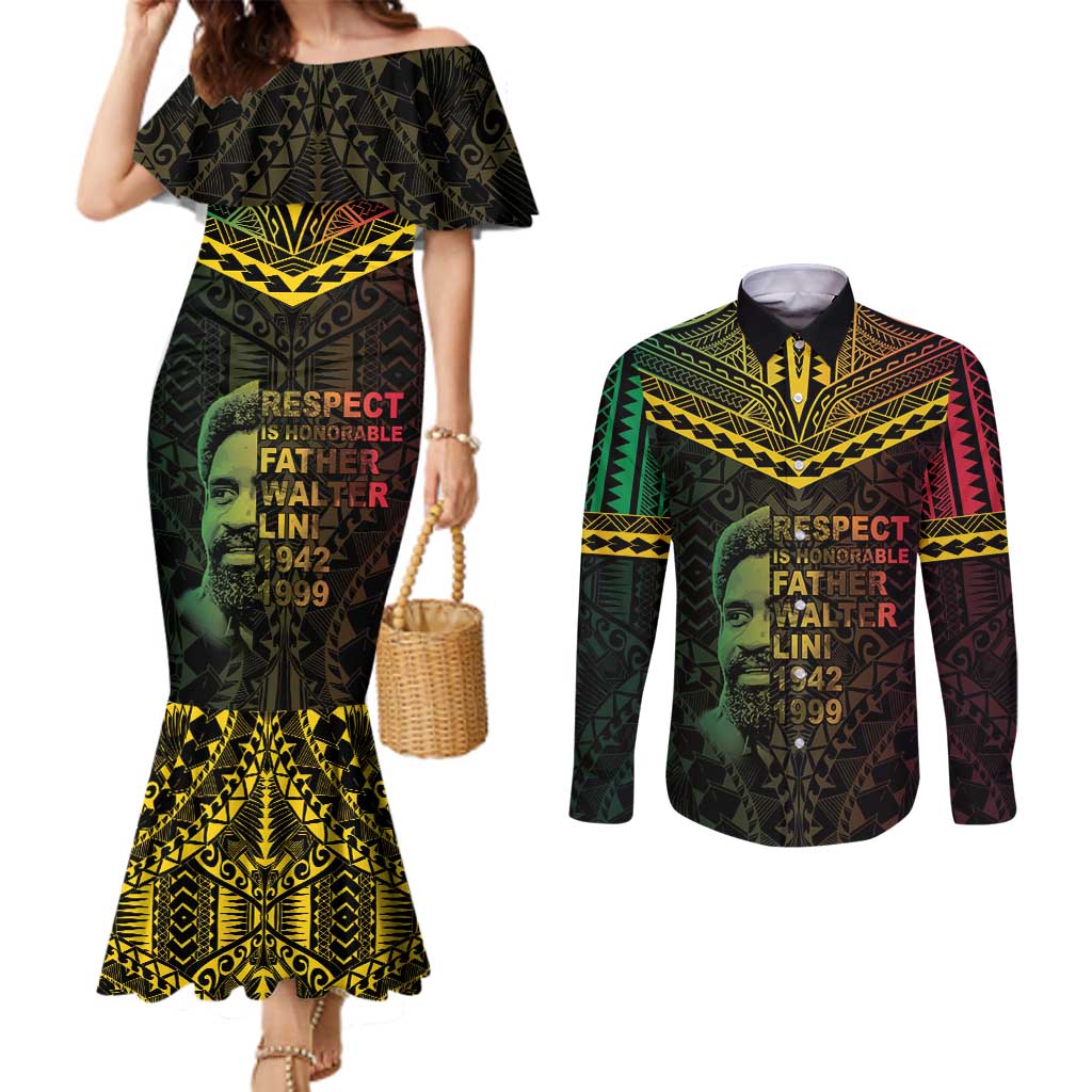Happy Vanuatu Father Lini Day Couples Matching Mermaid Dress and Long Sleeve Button Shirt LT05 Black - Polynesian Pride