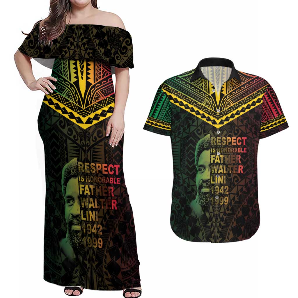 Happy Vanuatu Father Lini Day Couples Matching Off Shoulder Maxi Dress and Hawaiian Shirt LT05 Black - Polynesian Pride