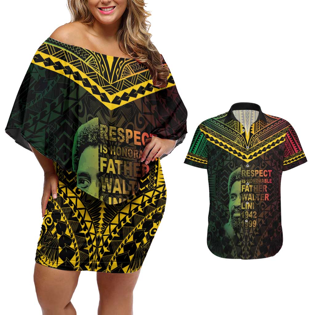 Happy Vanuatu Father Lini Day Couples Matching Off Shoulder Short Dress and Hawaiian Shirt LT05 Black - Polynesian Pride