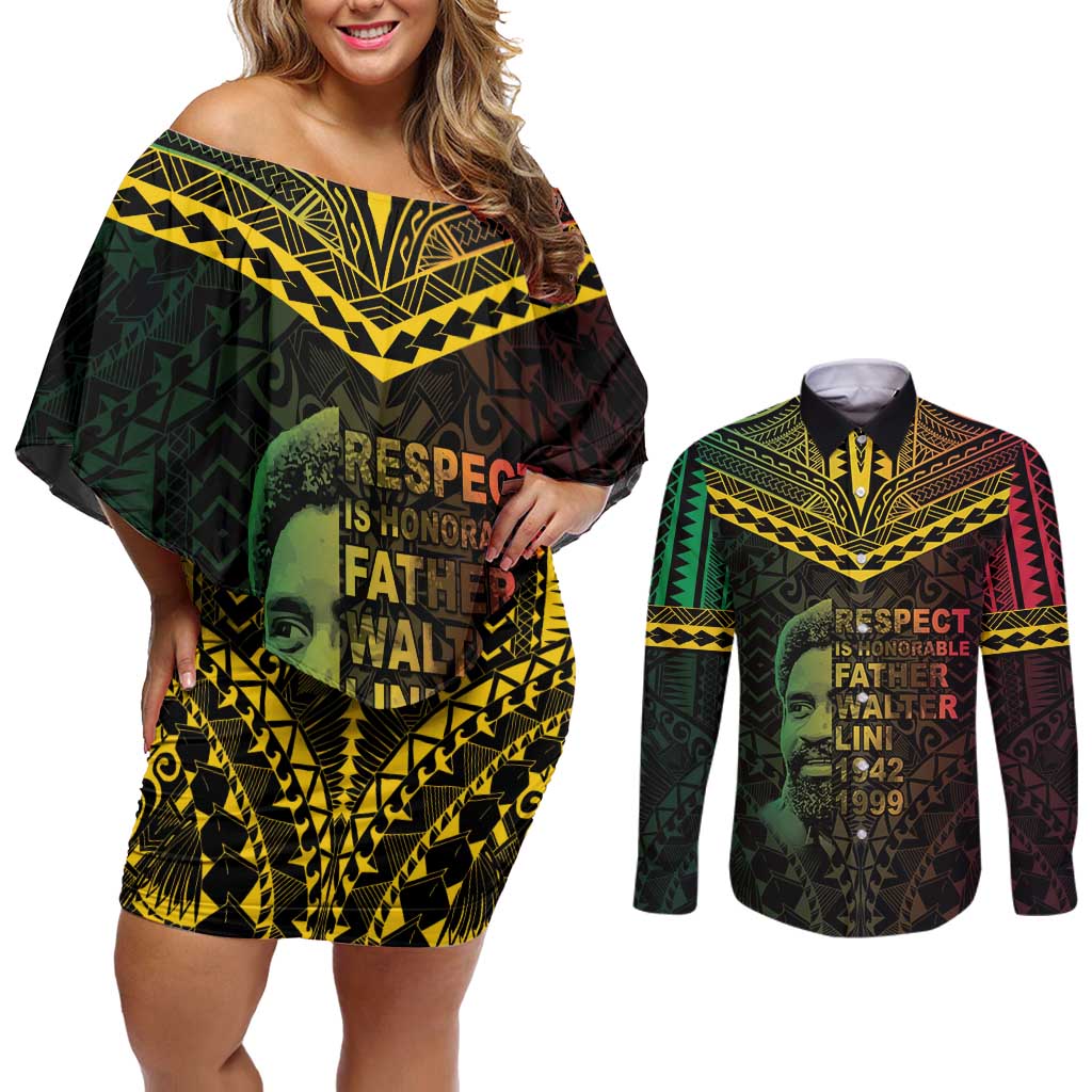 Happy Vanuatu Father Lini Day Couples Matching Off Shoulder Short Dress and Long Sleeve Button Shirt LT05 Black - Polynesian Pride