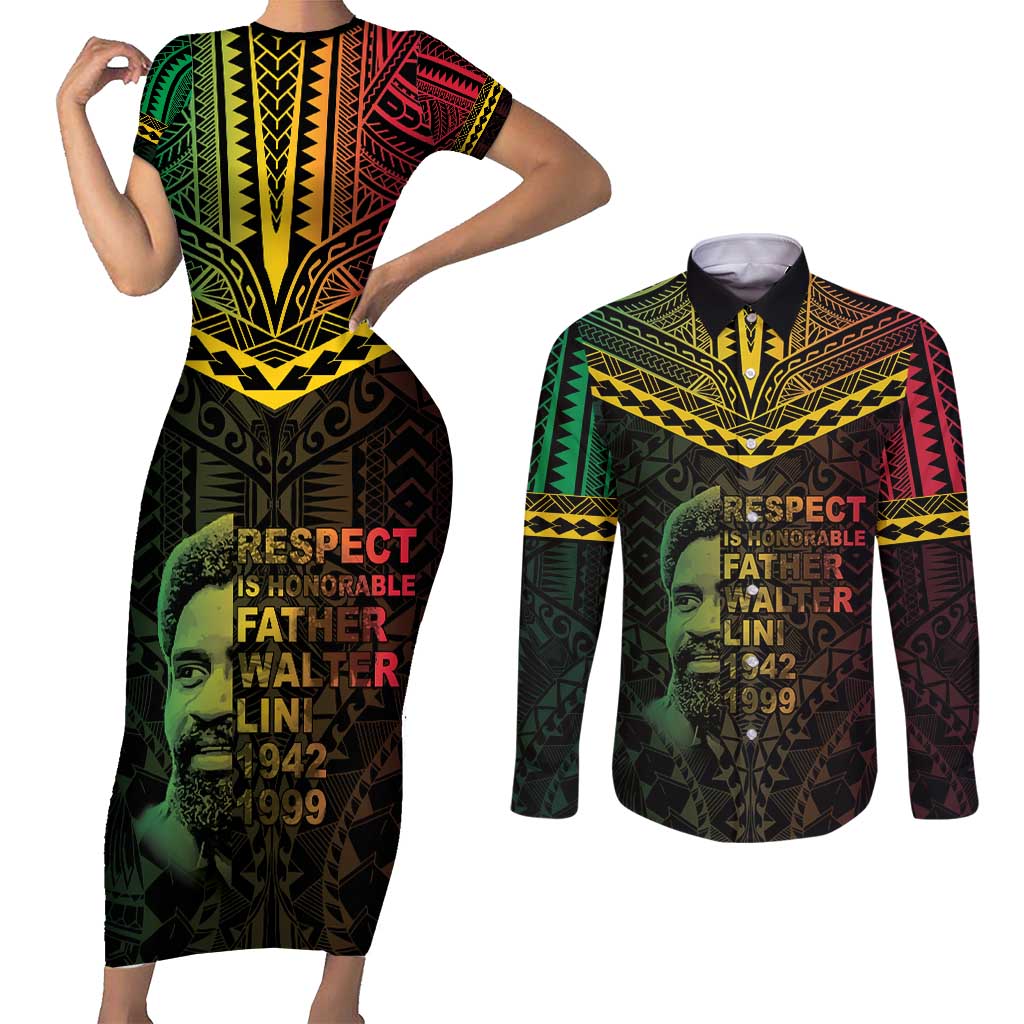Happy Vanuatu Father Lini Day Couples Matching Short Sleeve Bodycon Dress and Long Sleeve Button Shirt LT05 Black - Polynesian Pride