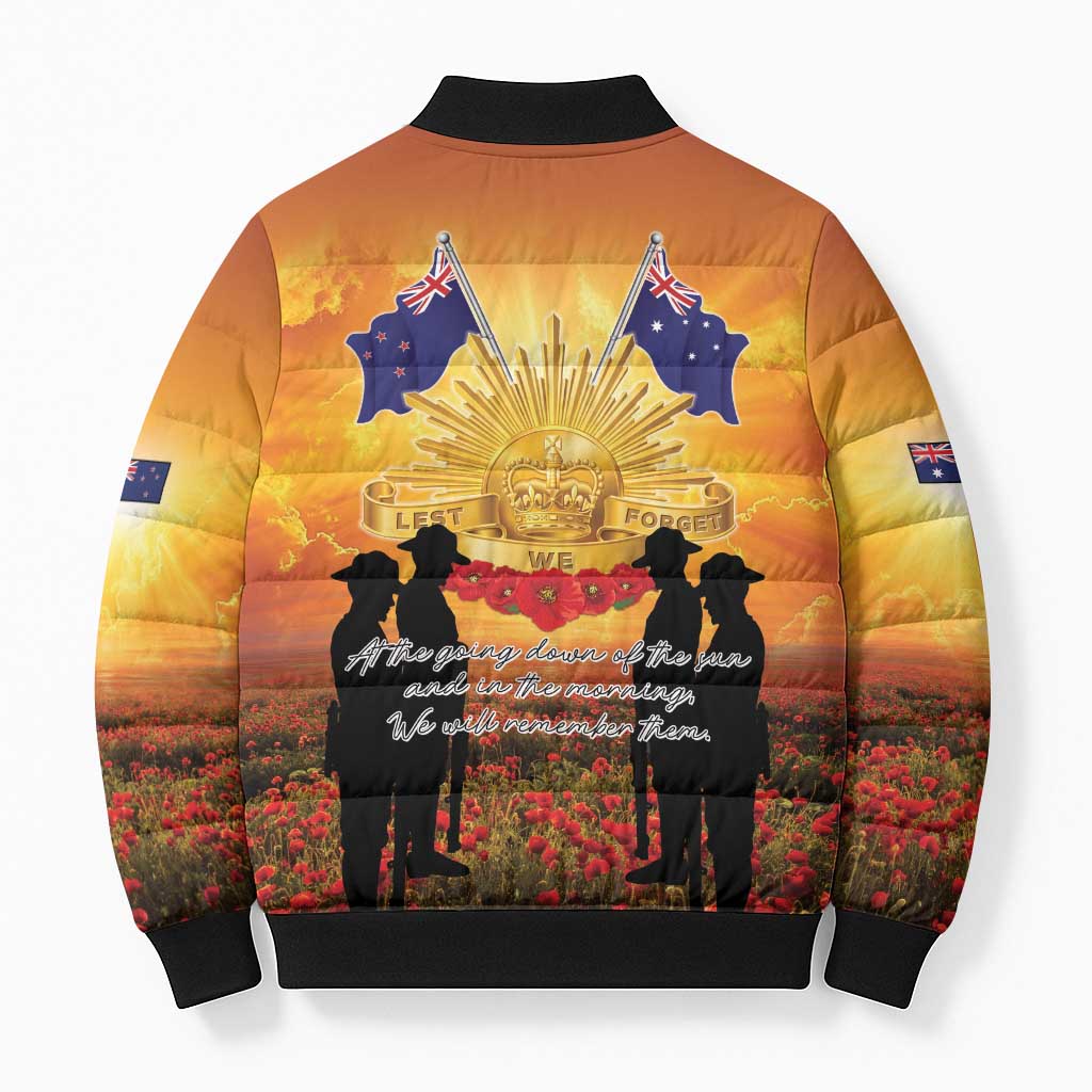 ANZAC Day Bomber Puffer Jacket Remembrance Tribute Soldiers And Poppy Field LT05 - Polynesian Pride