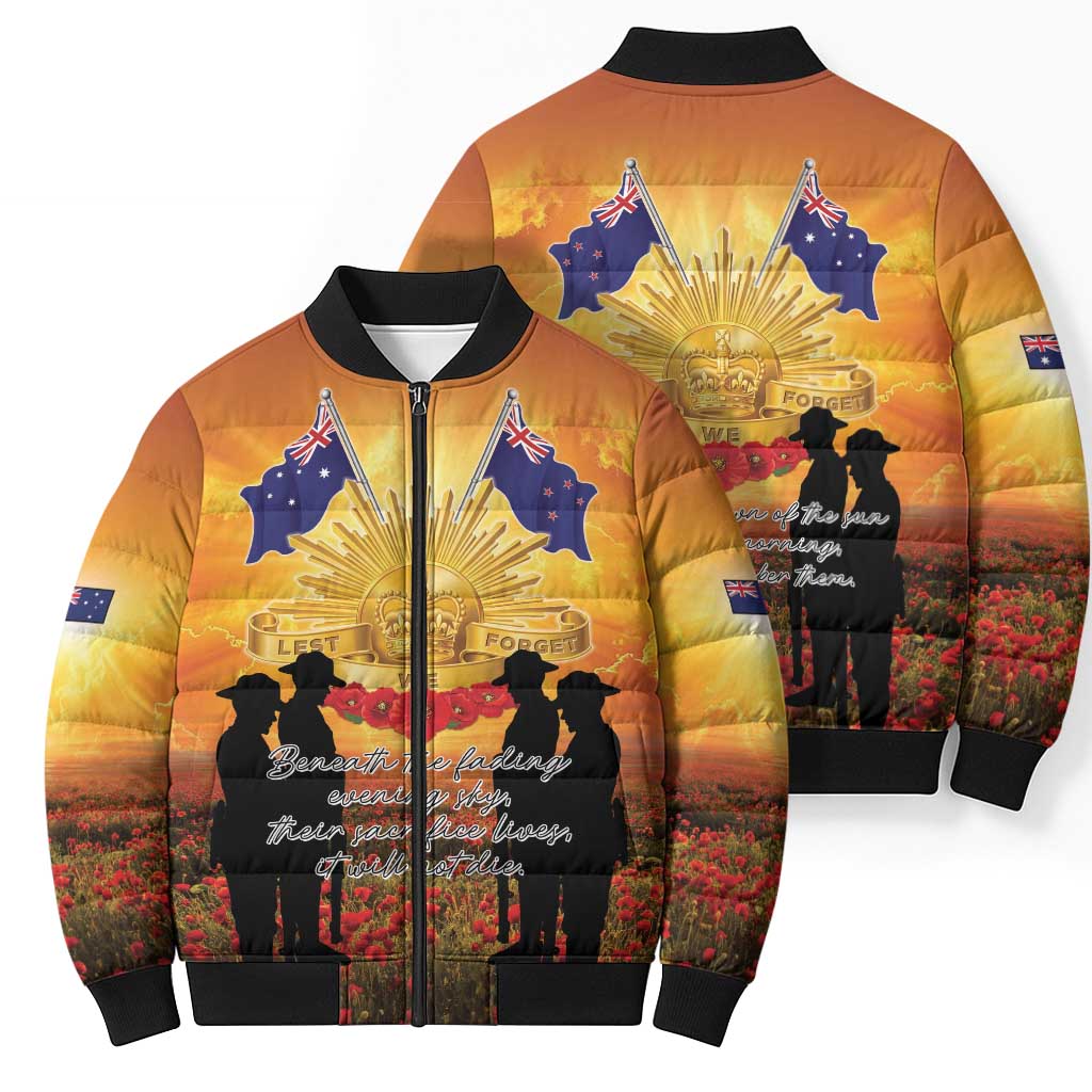 ANZAC Day Bomber Puffer Jacket Remembrance Tribute Soldiers And Poppy Field LT05 - Polynesian Pride