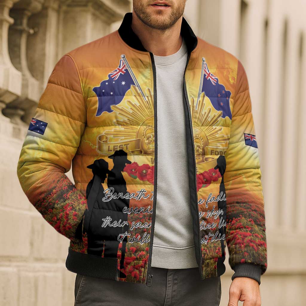ANZAC Day Bomber Puffer Jacket Remembrance Tribute Soldiers And Poppy Field LT05 - Polynesian Pride