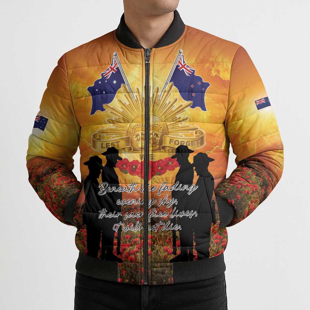 ANZAC Day Bomber Puffer Jacket Remembrance Tribute Soldiers And Poppy Field LT05 - Polynesian Pride