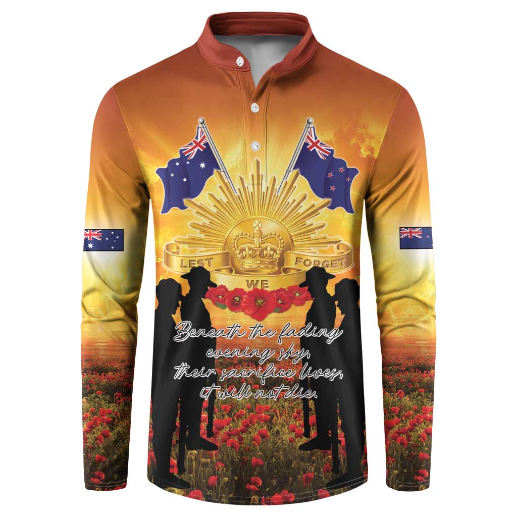 ANZAC Day Button Sweatshirt Remembrance Tribute Soldiers And Poppy Field LT05 Orange - Polynesian Pride