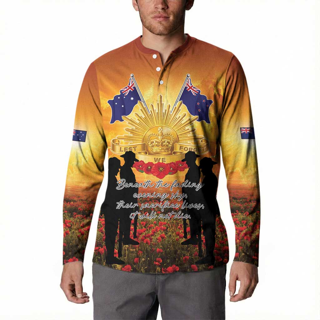 ANZAC Day Button Sweatshirt Remembrance Tribute Soldiers And Poppy Field LT05 - Polynesian Pride