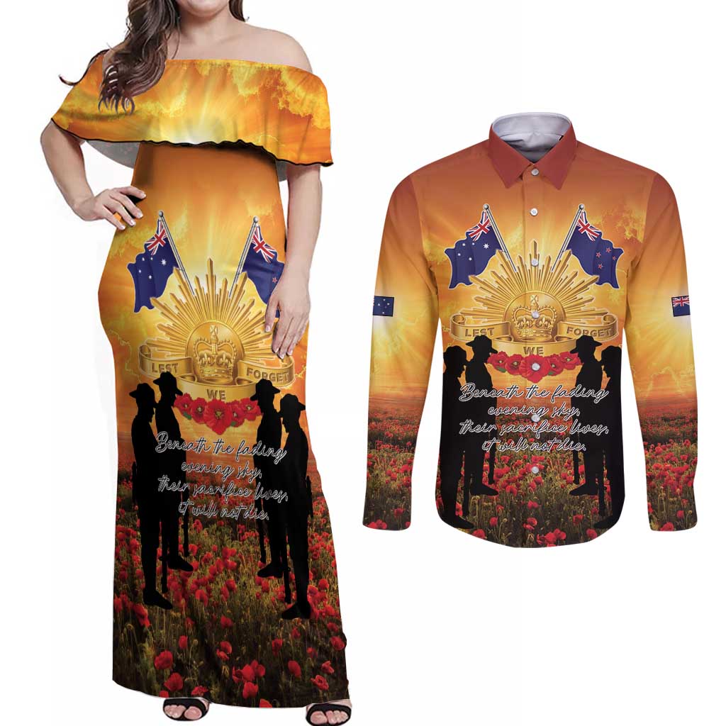 ANZAC Day Couples Matching Off Shoulder Maxi Dress and Long Sleeve Button Shirt Remembrance Tribute Soldiers And Poppy Field