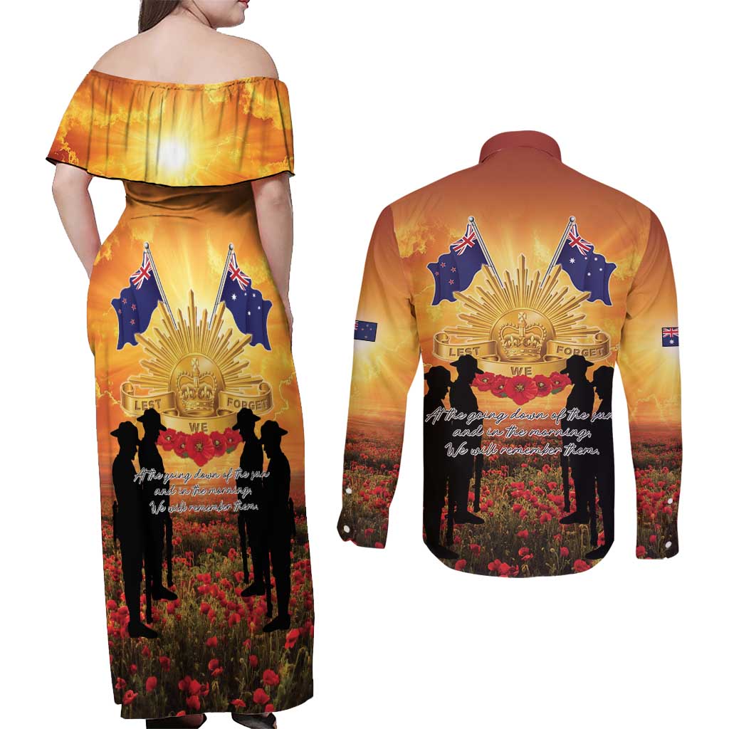 ANZAC Day Couples Matching Off Shoulder Maxi Dress and Long Sleeve Button Shirt Remembrance Tribute Soldiers And Poppy Field