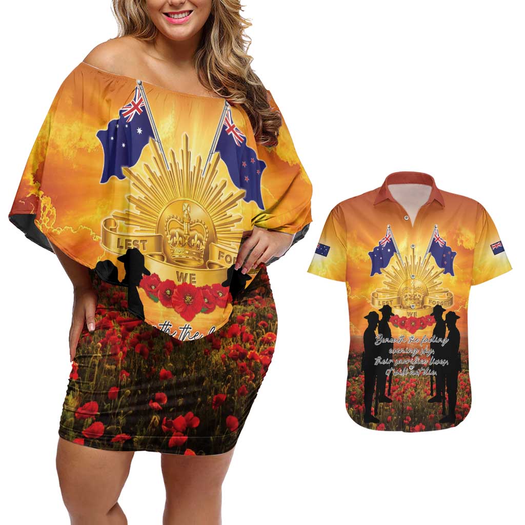 ANZAC Day Couples Matching Off Shoulder Short Dress and Hawaiian Shirt Remembrance Tribute Soldiers And Poppy Field LT05 Orange - Polynesian Pride