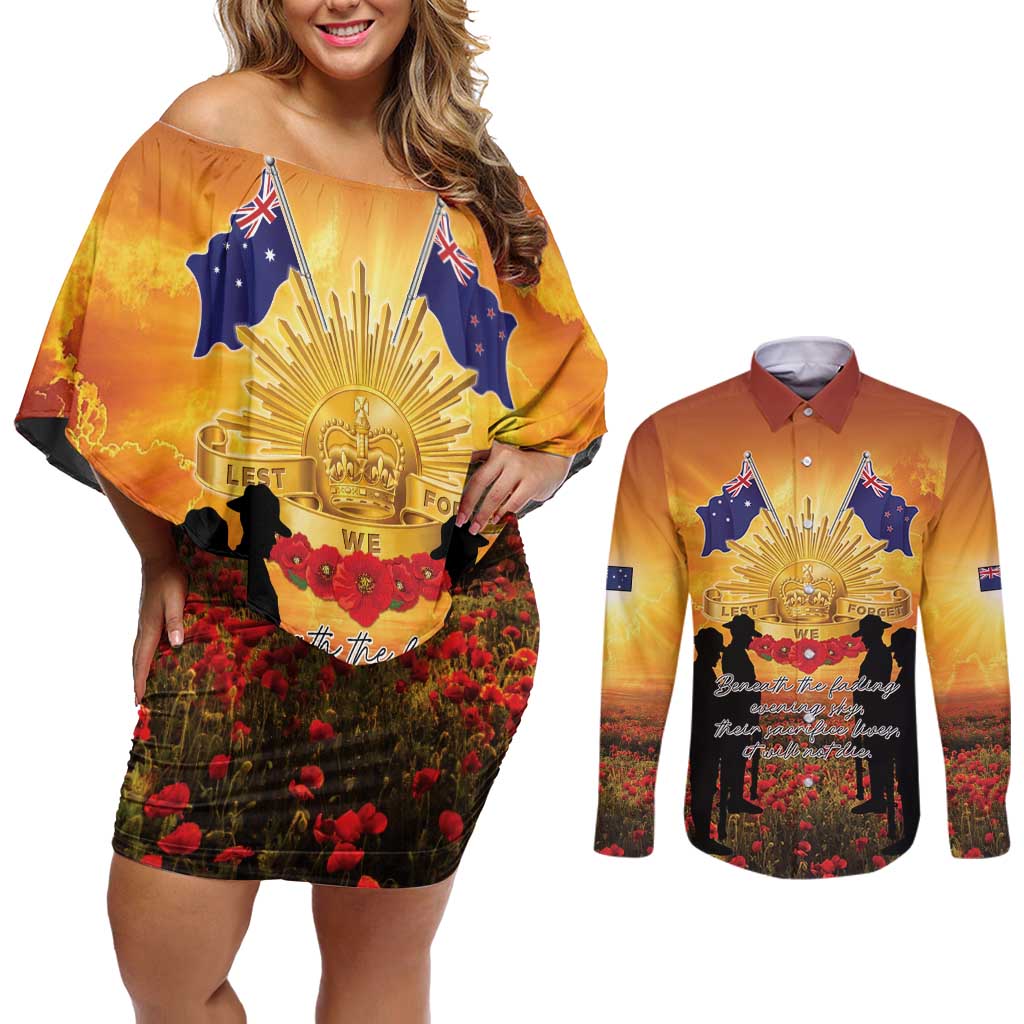 ANZAC Day Couples Matching Off Shoulder Short Dress and Long Sleeve Button Shirt Remembrance Tribute Soldiers And Poppy Field LT05 Orange - Polynesian Pride