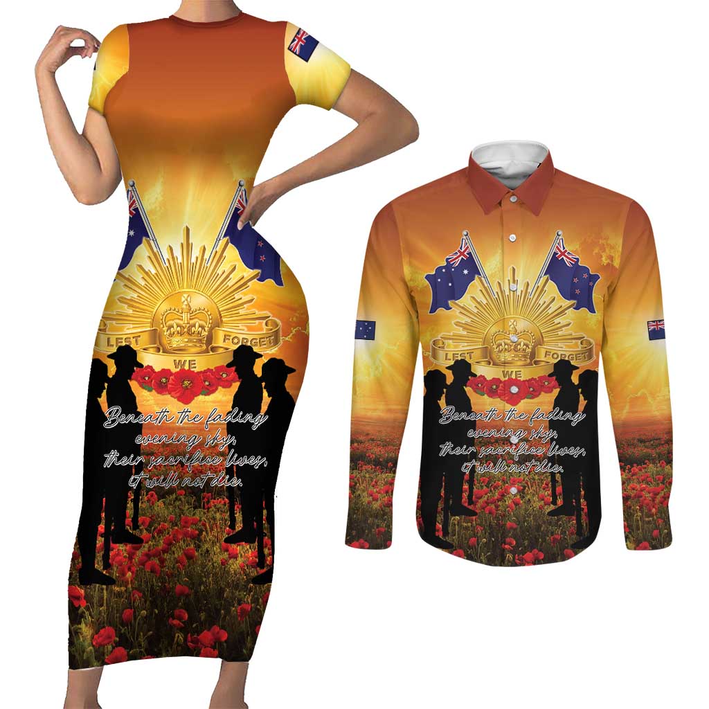 ANZAC Day Couples Matching Short Sleeve Bodycon Dress and Long Sleeve Button Shirt Remembrance Tribute Soldiers And Poppy Field LT05 Orange - Polynesian Pride