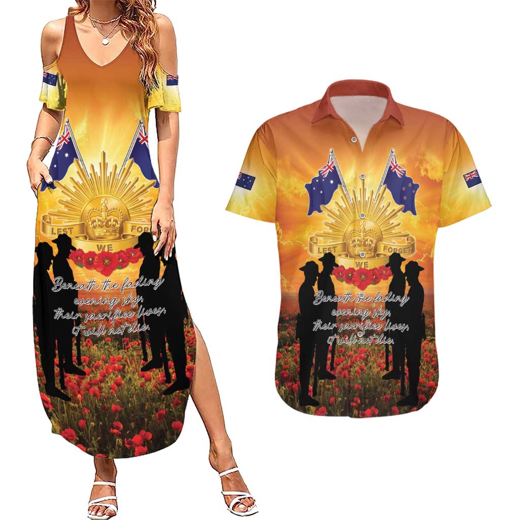 ANZAC Day Couples Matching Summer Maxi Dress and Hawaiian Shirt Remembrance Tribute Soldiers And Poppy Field