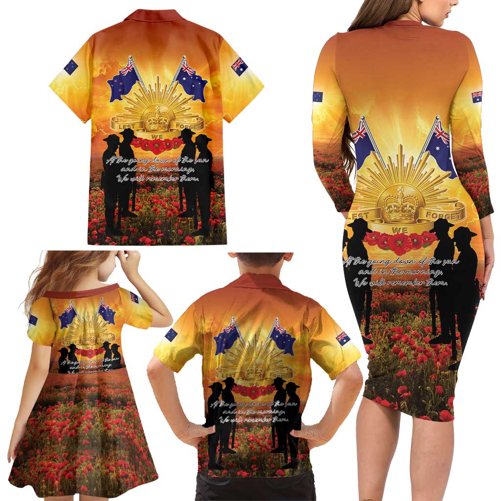 ANZAC Day Family Matching Long Sleeve Bodycon Dress and Hawaiian Shirt Remembrance Tribute Soldiers And Poppy Field