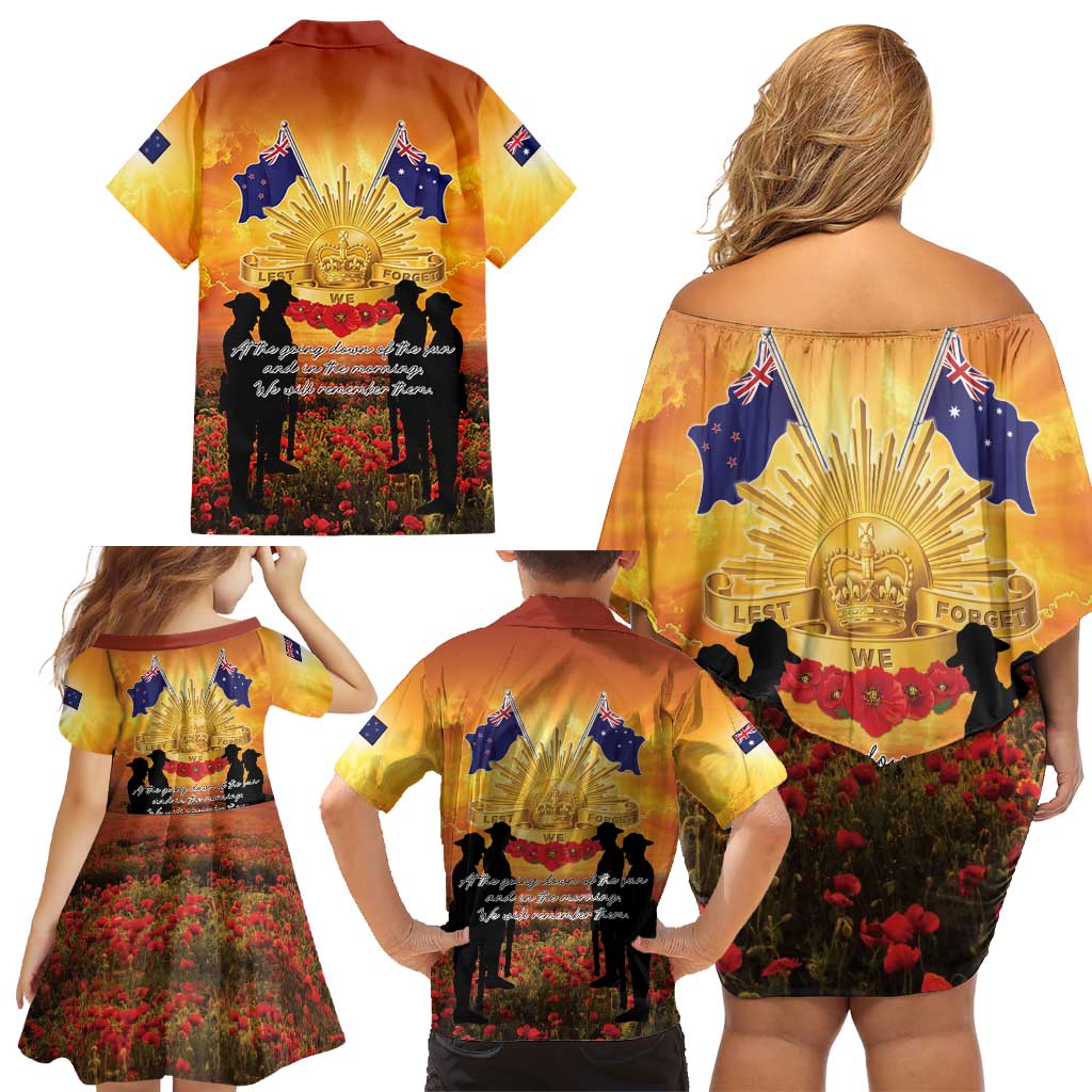 ANZAC Day Family Matching Off Shoulder Short Dress and Hawaiian Shirt Remembrance Tribute Soldiers And Poppy Field