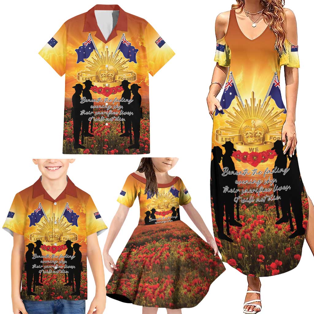 ANZAC Day Family Matching Summer Maxi Dress and Hawaiian Shirt Remembrance Tribute Soldiers And Poppy Field