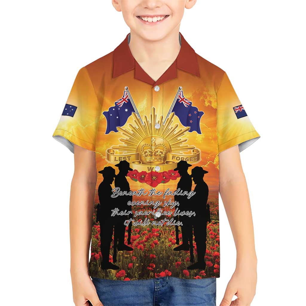 ANZAC Day Kid Hawaiian Shirt Remembrance Tribute Soldiers And Poppy Field LT05 Kid Orange - Polynesian Pride
