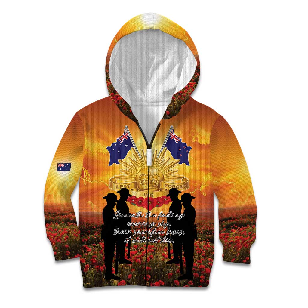ANZAC Day Kid Hoodie Remembrance Tribute Soldiers And Poppy Field LT05 Zip Hoodie Orange - Polynesian Pride
