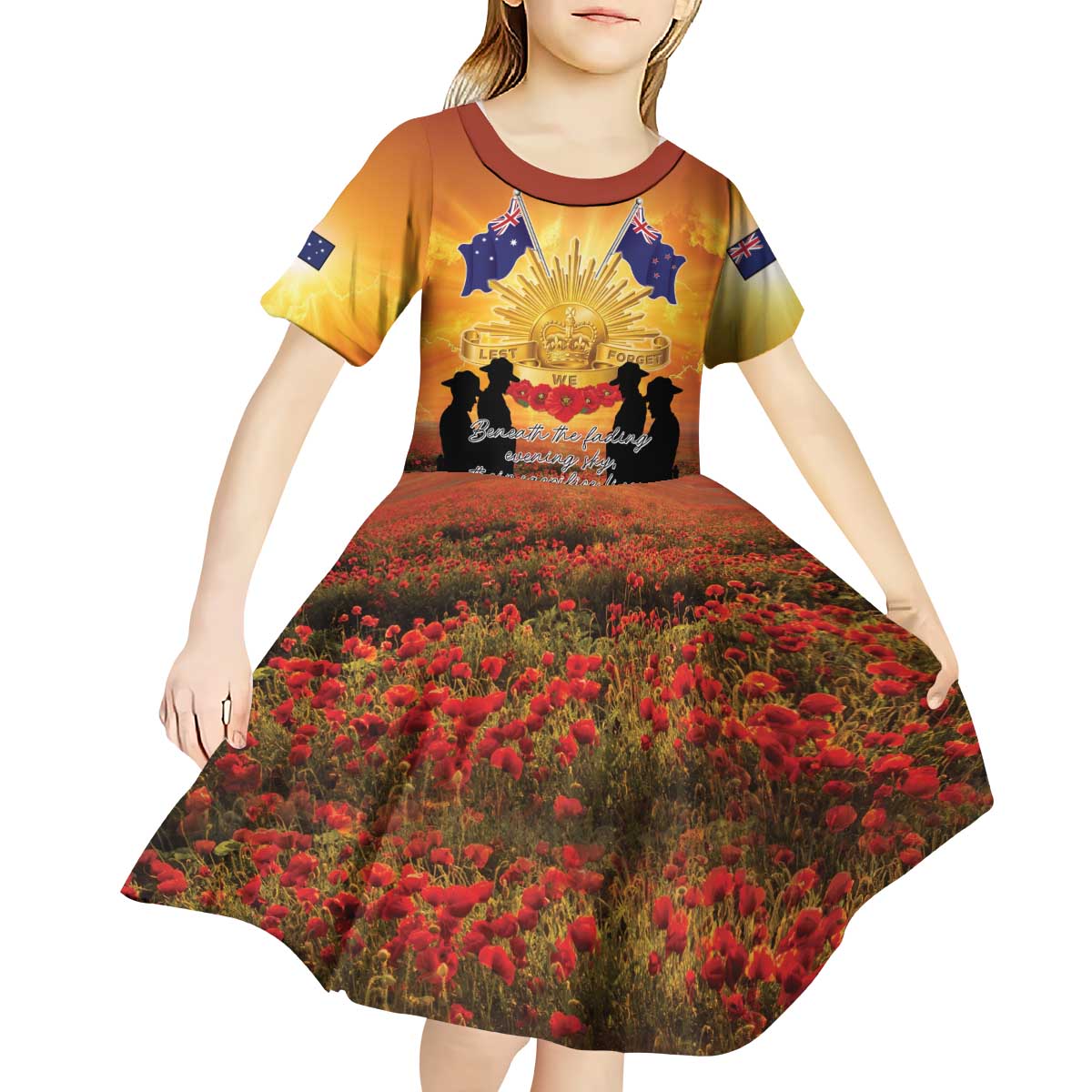 ANZAC Day Kid Short Sleeve Dress Remembrance Tribute Soldiers And Poppy Field LT05 - Polynesian Pride