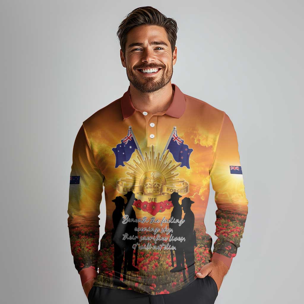 ANZAC Day Long Sleeve Polo Shirt Remembrance Tribute Soldiers And Poppy Field LT05 - Polynesian Pride