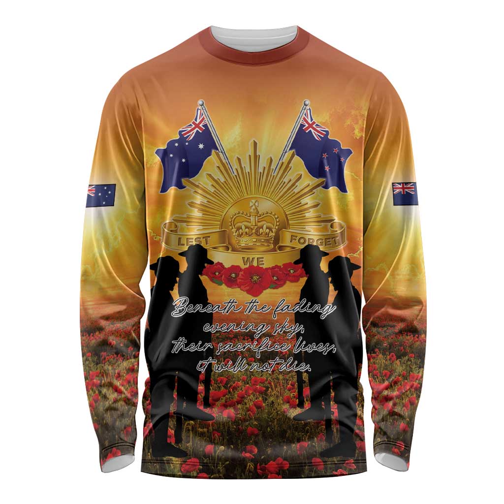ANZAC Day Long Sleeve Shirt Remembrance Tribute Soldiers And Poppy Field LT05 Unisex Orange - Polynesian Pride