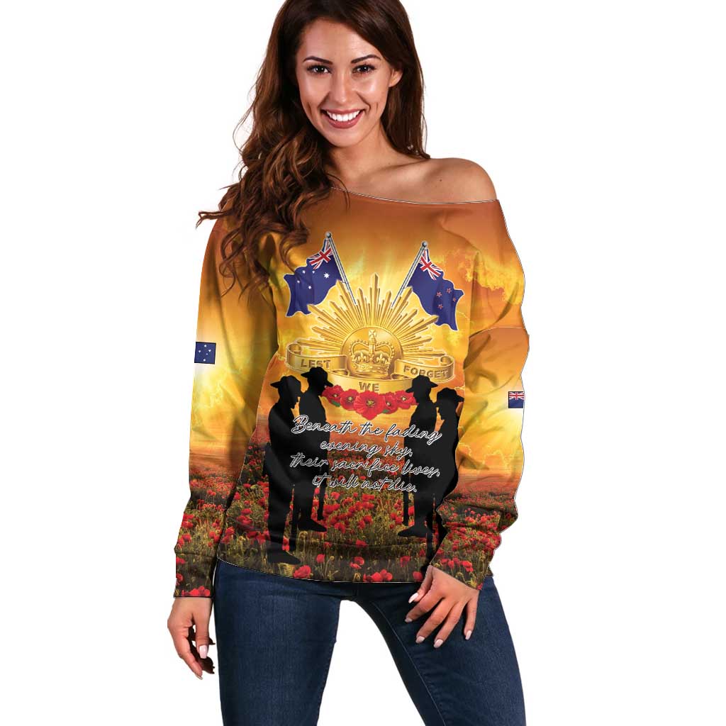 ANZAC Day Off Shoulder Sweater Remembrance Tribute Soldiers And Poppy Field LT05 Women Orange - Polynesian Pride