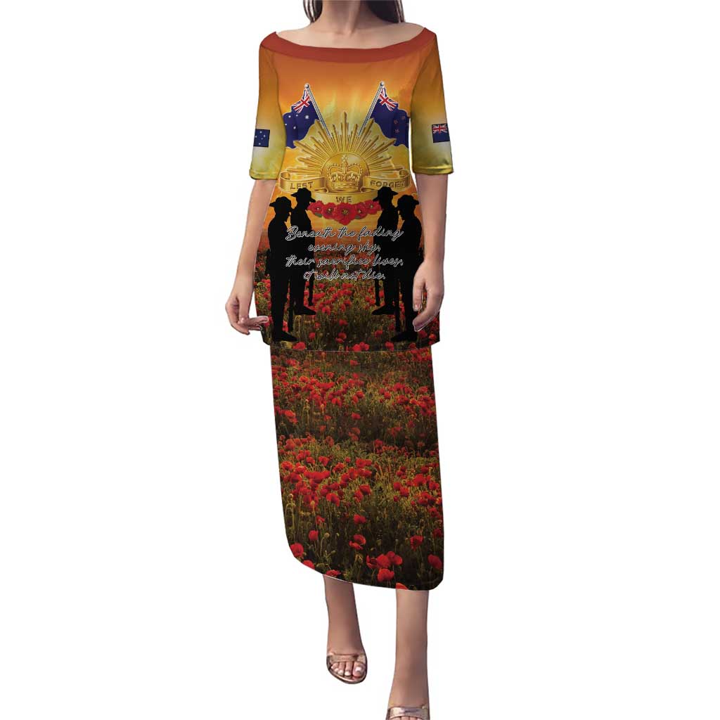 ANZAC Day Puletasi Remembrance Tribute Soldiers And Poppy Field LT05 Long Dress Orange - Polynesian Pride