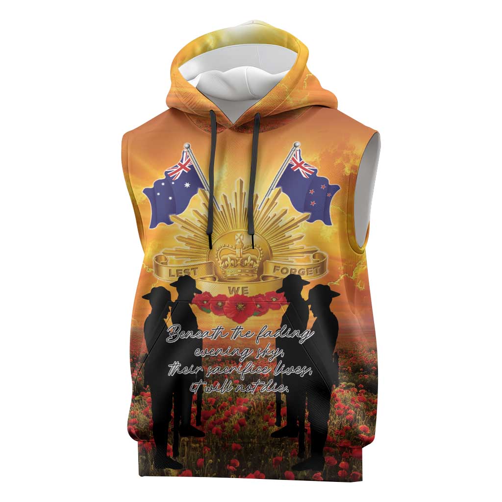 ANZAC Day Sleeveless Hoodie Remembrance Tribute Soldiers And Poppy Field