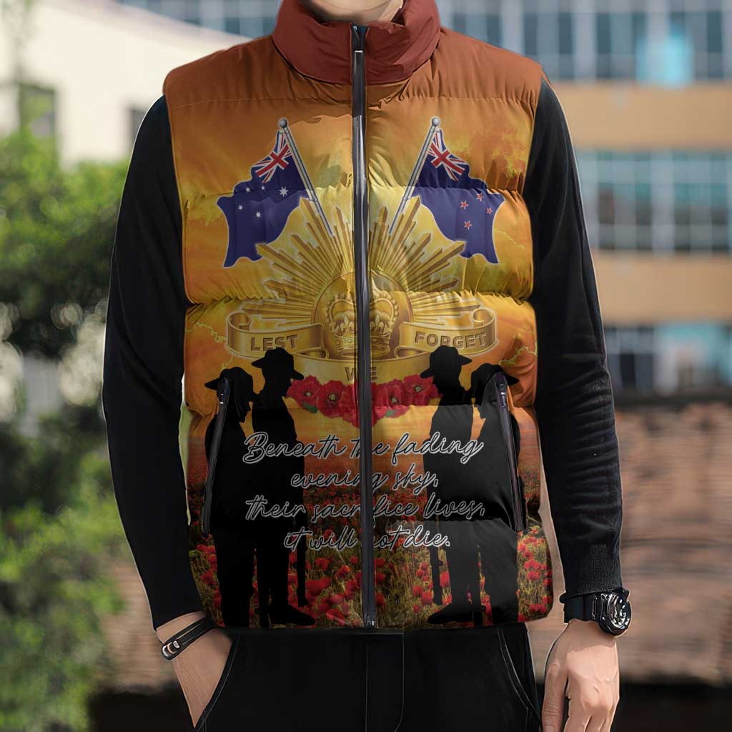 ANZAC Day Sleeveless Puffer Jacket Remembrance Tribute Soldiers And Poppy Field LT05 - Polynesian Pride