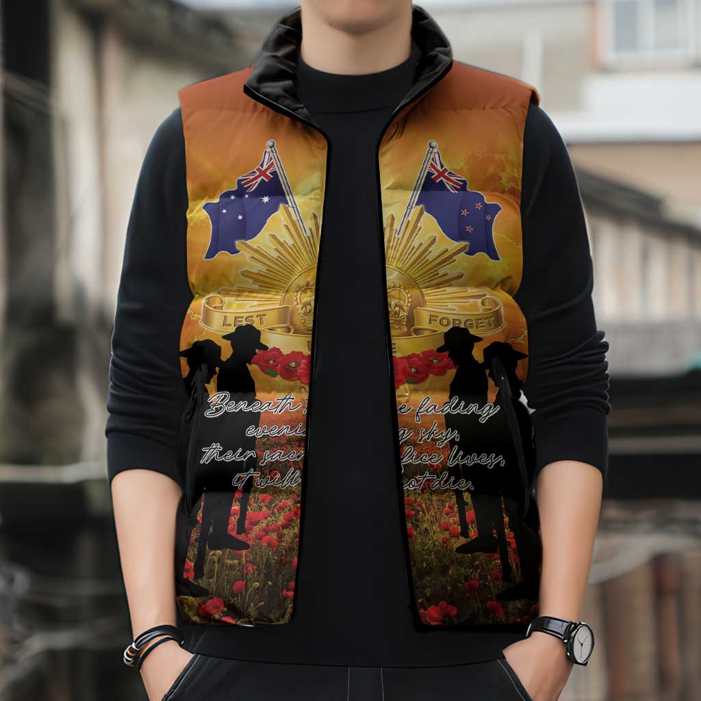 ANZAC Day Sleeveless Puffer Jacket Remembrance Tribute Soldiers And Poppy Field LT05 - Polynesian Pride