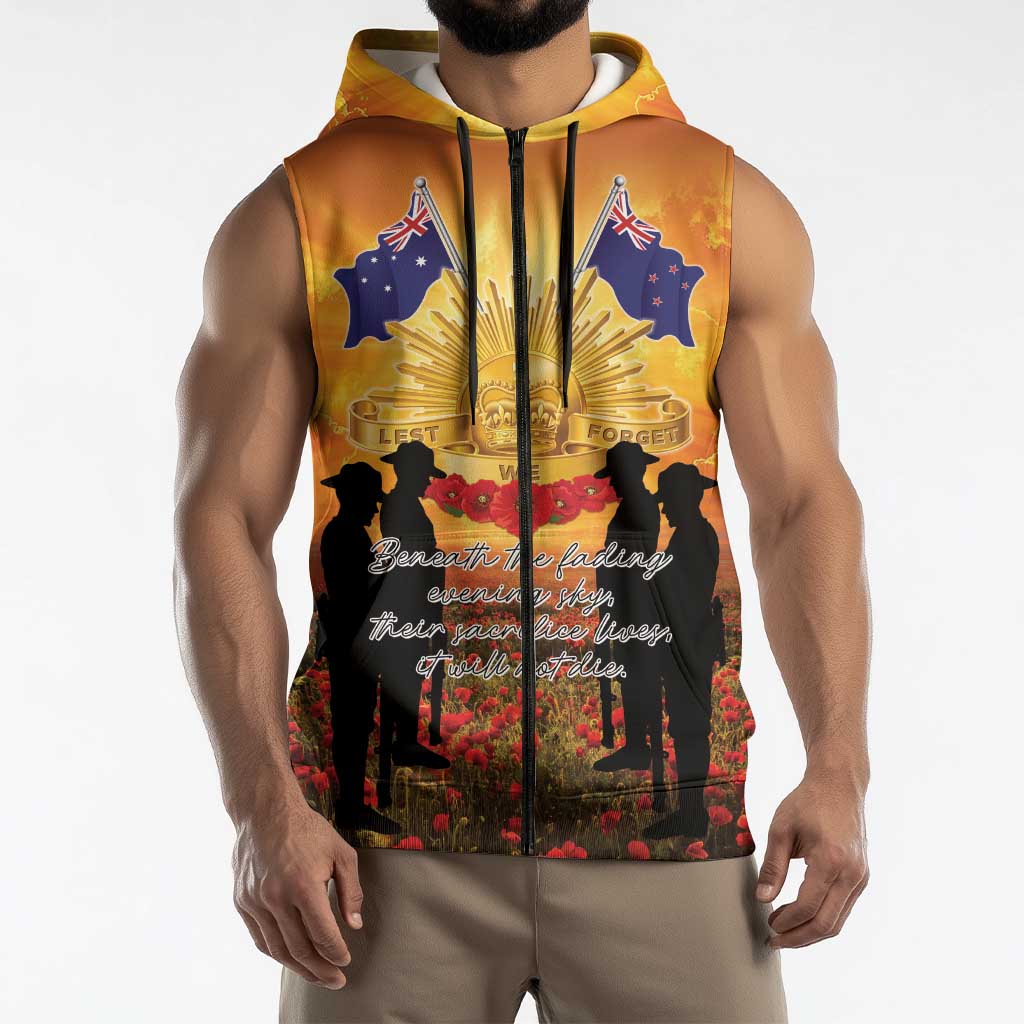 ANZAC Day Sleeveless Zip Hoodie Remembrance Tribute Soldiers And Poppy Field