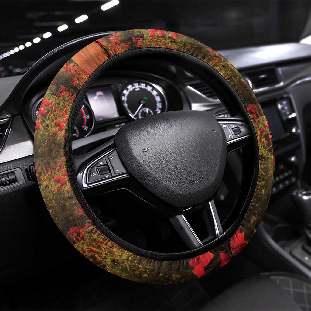 ANZAC Day Steering Wheel Cover Remembrance Tribute Soldiers And Poppy Field LT05 Universal Fit Orange - Polynesian Pride