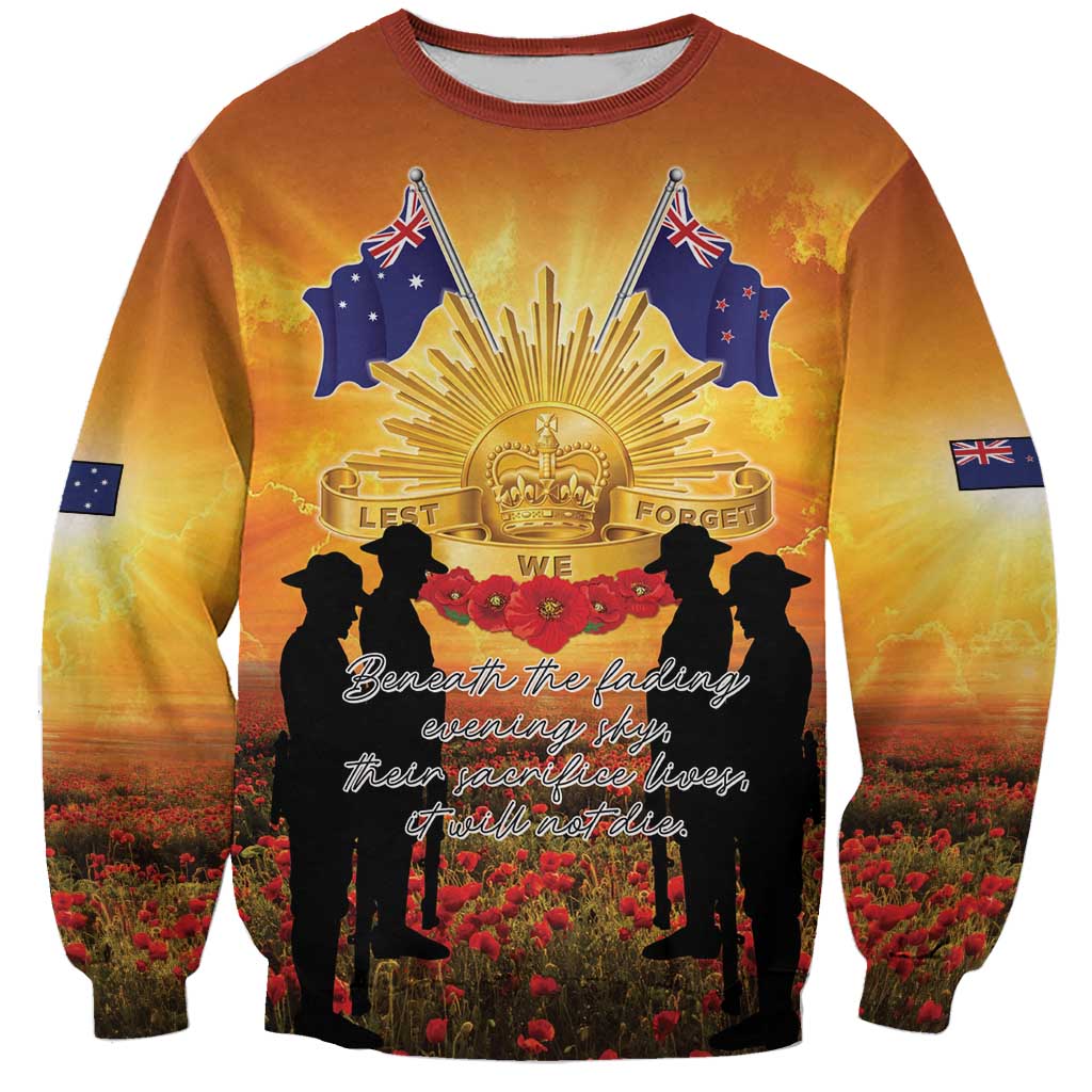 ANZAC Day Sweatshirt Remembrance Tribute Soldiers And Poppy Field LT05 Unisex Orange - Polynesian Pride