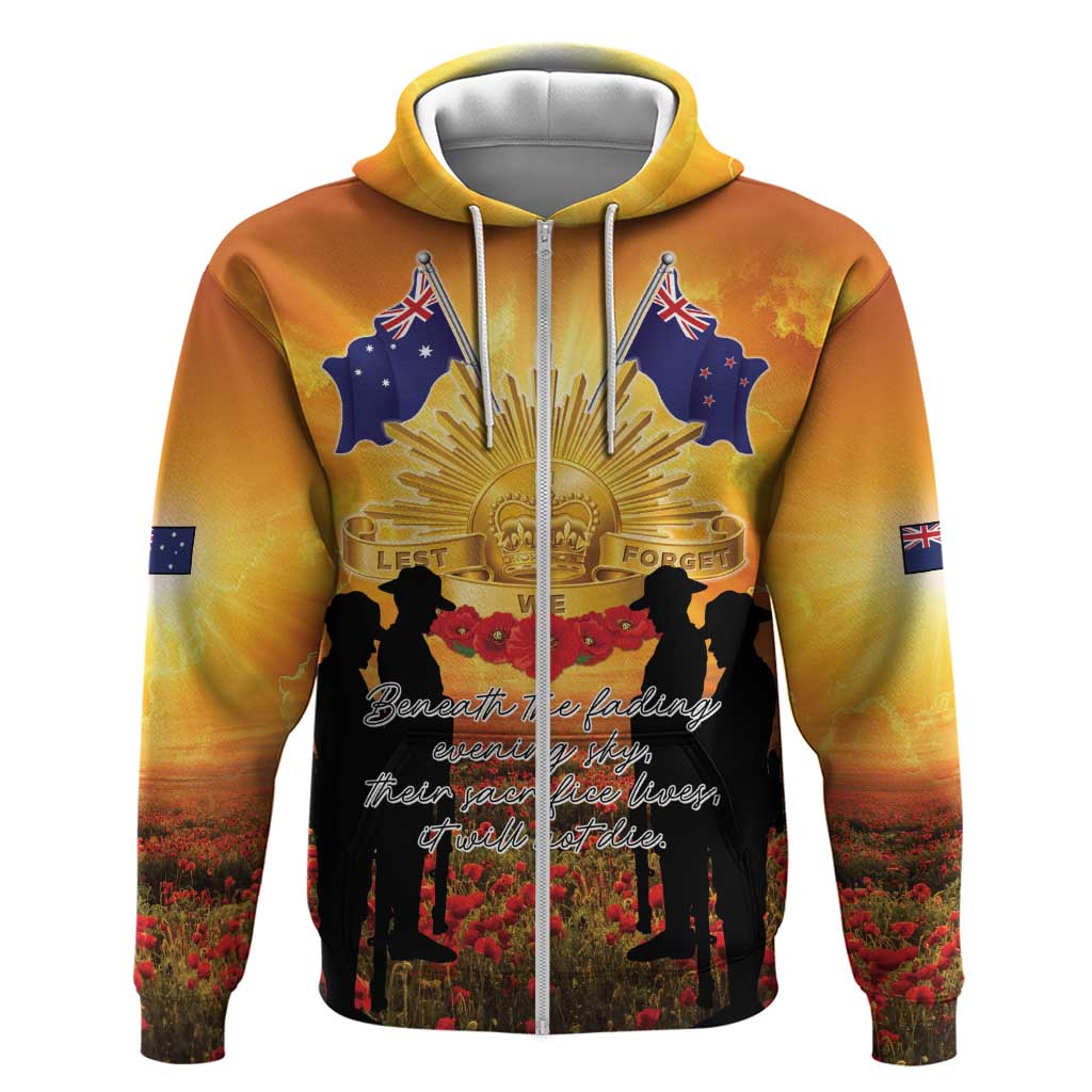 ANZAC Day Zip Hoodie Remembrance Tribute Soldiers And Poppy Field LT05 Zip Hoodie Orange - Polynesian Pride