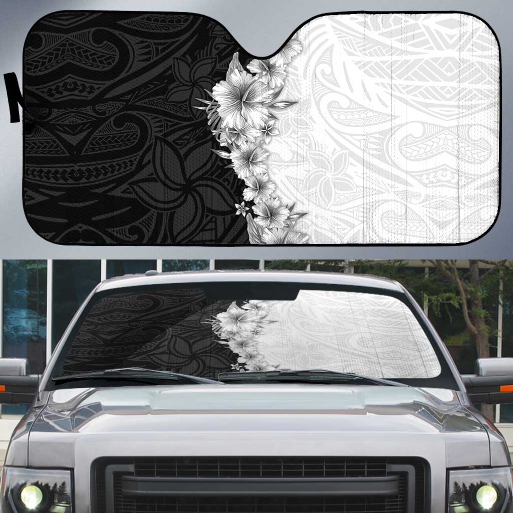 Hawaii Hibiscus Flowers Auto Sun Shade Grayscale Polynesian Pattern LT05 Black - Polynesian Pride