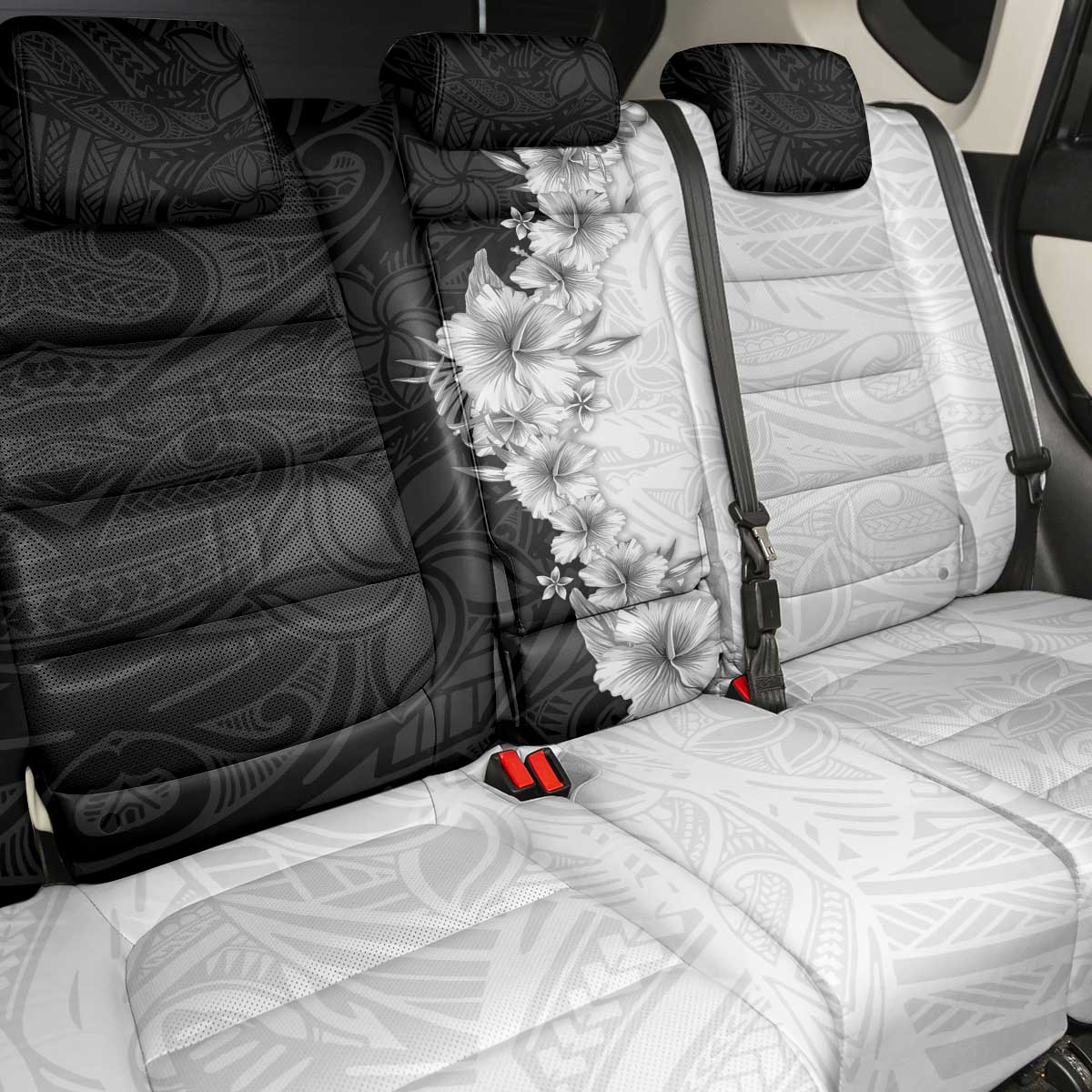 Hawaii Hibiscus Flowers Back Car Seat Cover Grayscale Polynesian Pattern