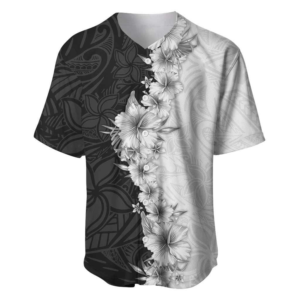 Hawaii Hibiscus Flowers Baseball Jersey Grayscale Polynesian Pattern LT05 Black - Polynesian Pride