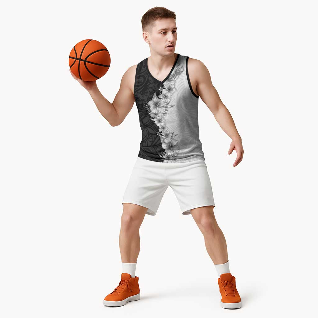 Hawaii Hibiscus Flowers Basketball Jersey Grayscale Polynesian Pattern LT05 - Polynesian Pride