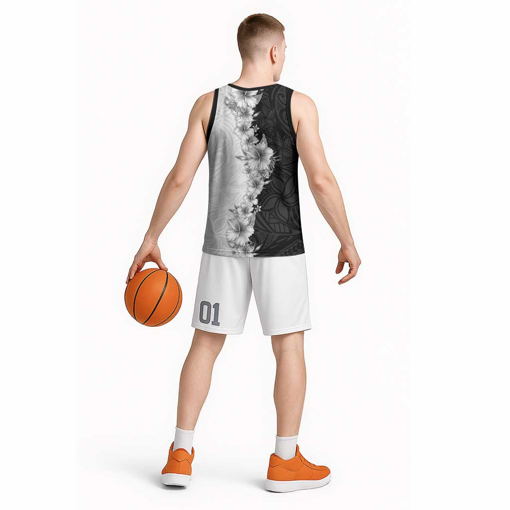 Hawaii Hibiscus Flowers Basketball Jersey Grayscale Polynesian Pattern LT05 - Polynesian Pride