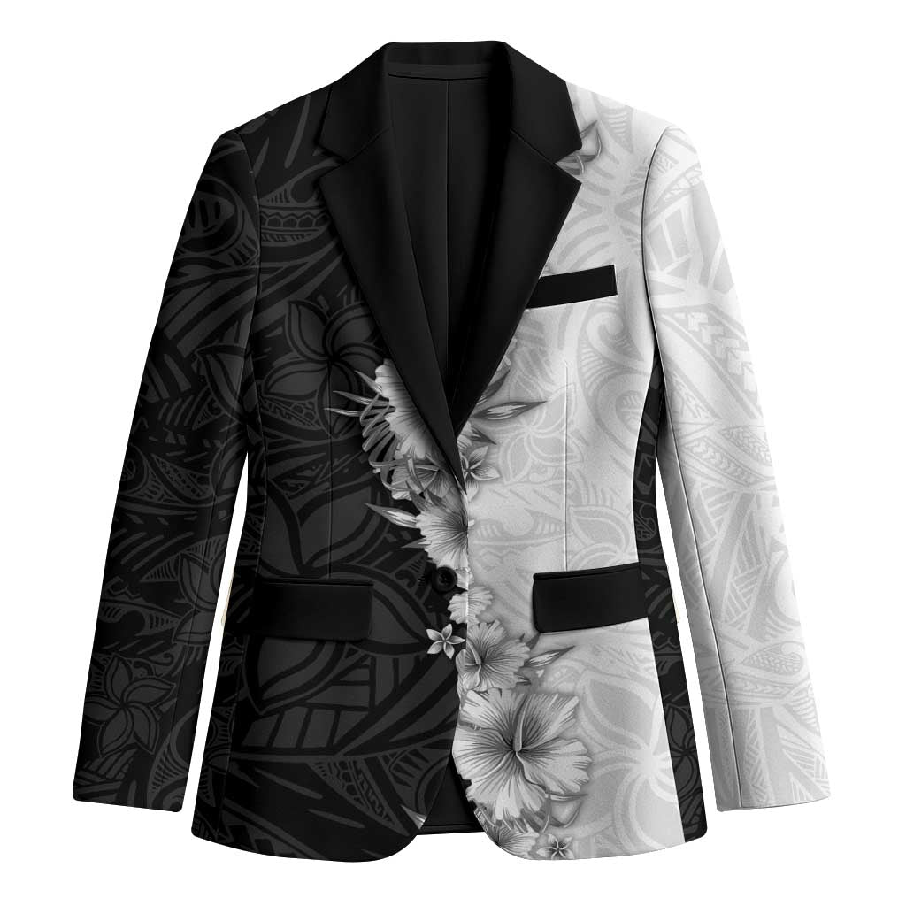 Hawaii Hibiscus Flowers Blazer Grayscale Polynesian Pattern LT05 Unisex Black - Polynesian Pride