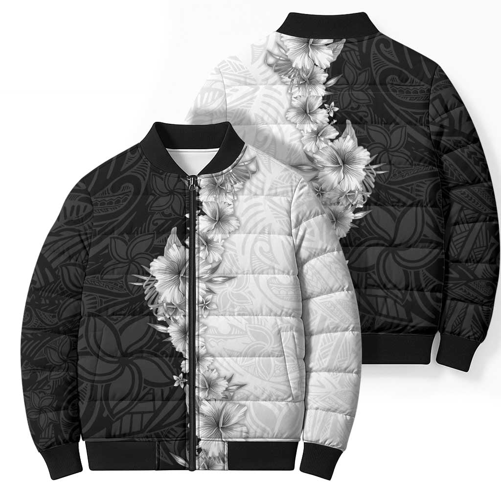 Hawaii Hibiscus Flowers Bomber Puffer Jacket Grayscale Polynesian Pattern LT05 - Polynesian Pride